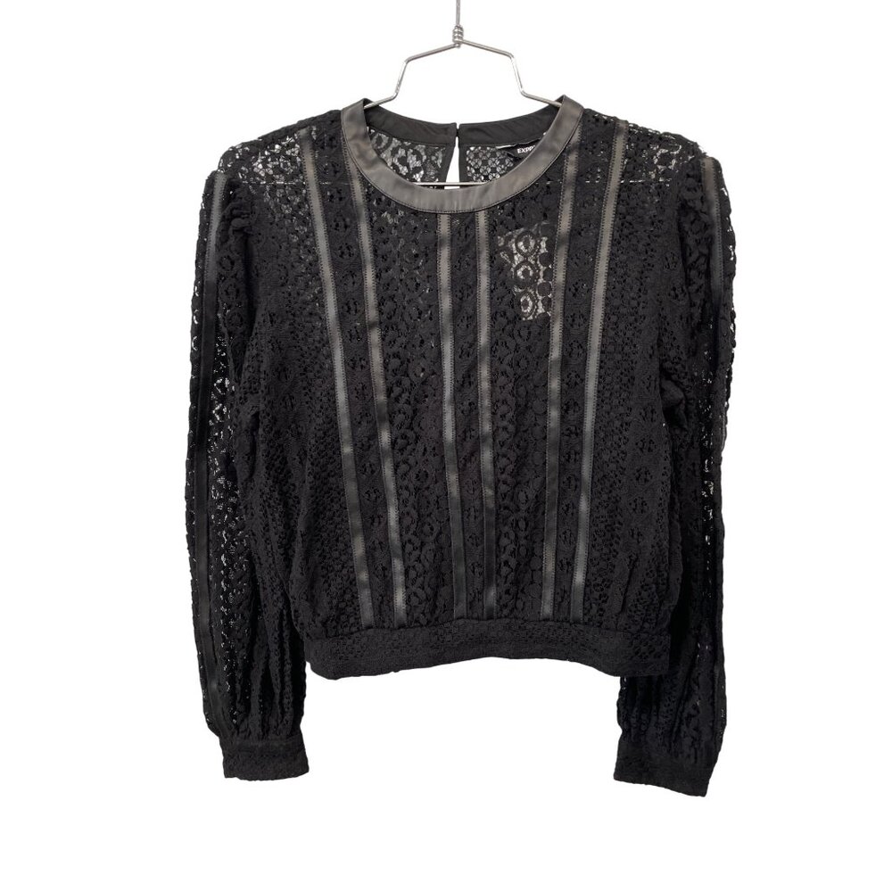 Express Faux Leather Lace Long Sleeve Top Size XS Keyhole Back Black Whimsigoth